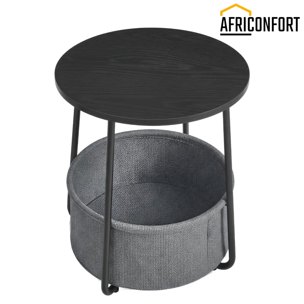Petite Table Basse Ronde, Table d’Appoint avec Panier en Tissu, Rangement, pour Salon, Chambre, Style Moderne, Noir Boisé et Gris Ardoise