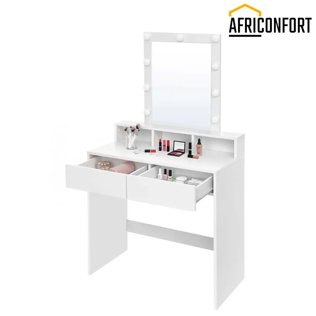 Coiffeuse avec Miroir et Ampoules, Table de Maquillage, avec 2 Tiroirs et 3 Compartiments de Rangement, Style Moderne, Blanc