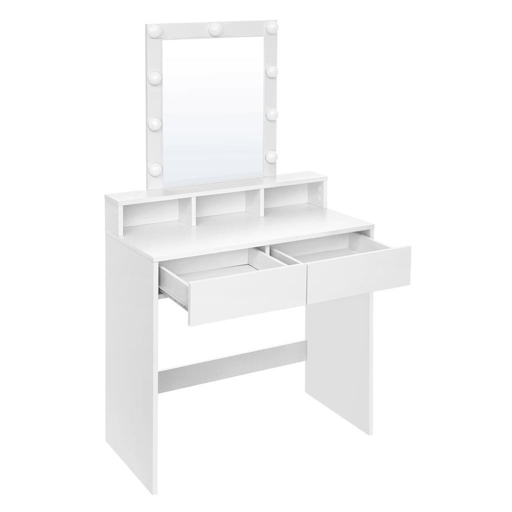 Coiffeuse avec Miroir et Ampoules, Table de Maquillage, avec 2 Tiroirs et 3 Compartiments de Rangement, Style Moderne, Blanc: 40x80x140cm (PxLxH)