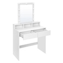 Coiffeuse avec Miroir et Ampoules, Table de Maquillage, avec 2 Tiroirs et 3 Compartiments de Rangement, Style Moderne, Blanc