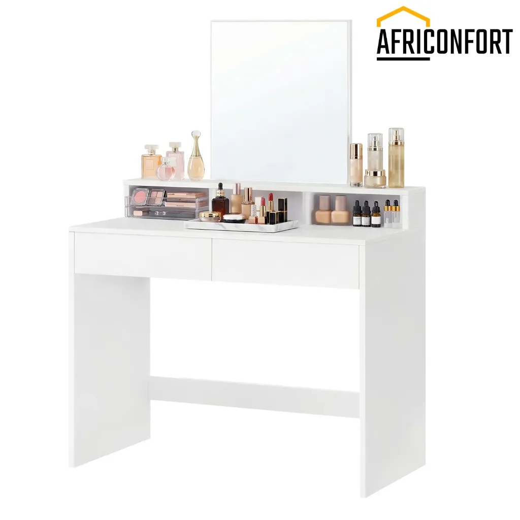 Coiffeuse, Miroir Rectangulaire, Table de Maquillage avec Miroir, 2 Tiroirs et 3 Compartiments, Coin Beauté, Style Moderne, Blanc