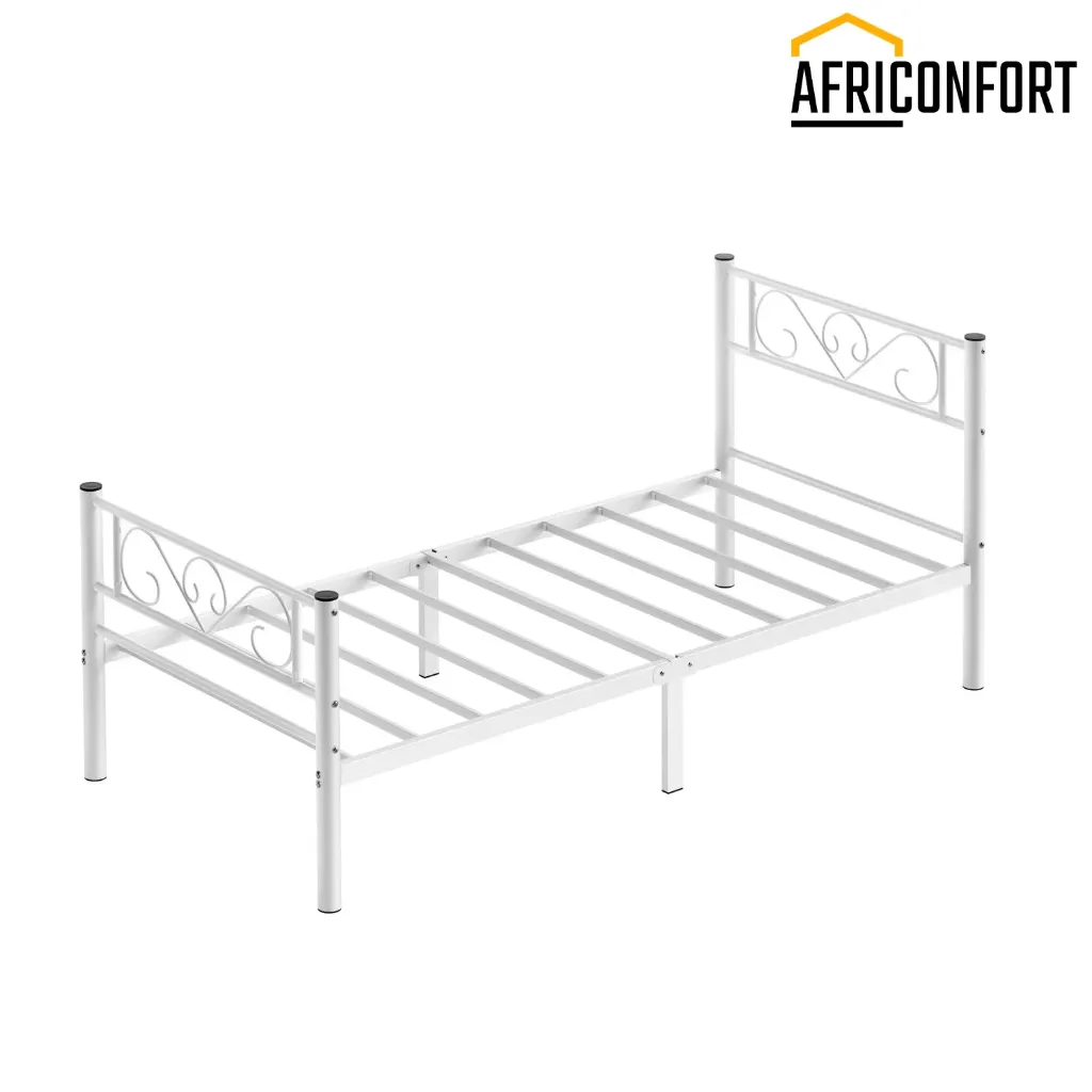 Lit Simple, Lit 1 Personnes, en Métal, Convient pour Matelas de 90 x 190 cm, Montage Facile, pour Petits Espaces, Chambre d'Amis, Chambre Ado, Blanc