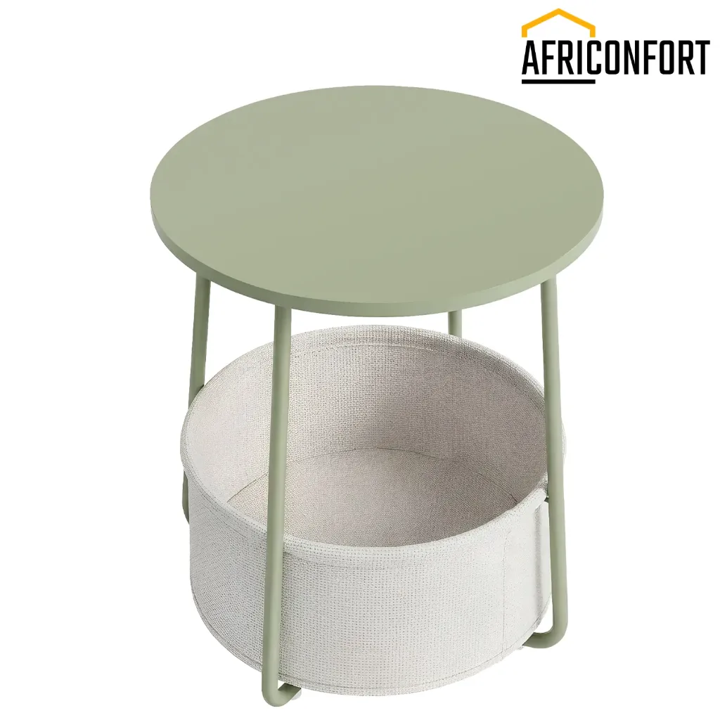 Petite Table Basse Ronde, Table d’Appoint avec Panier en Tissu, Rangement, pour Salon, Chambre, Style Moderne, Vert Laurier et Blanc Crème