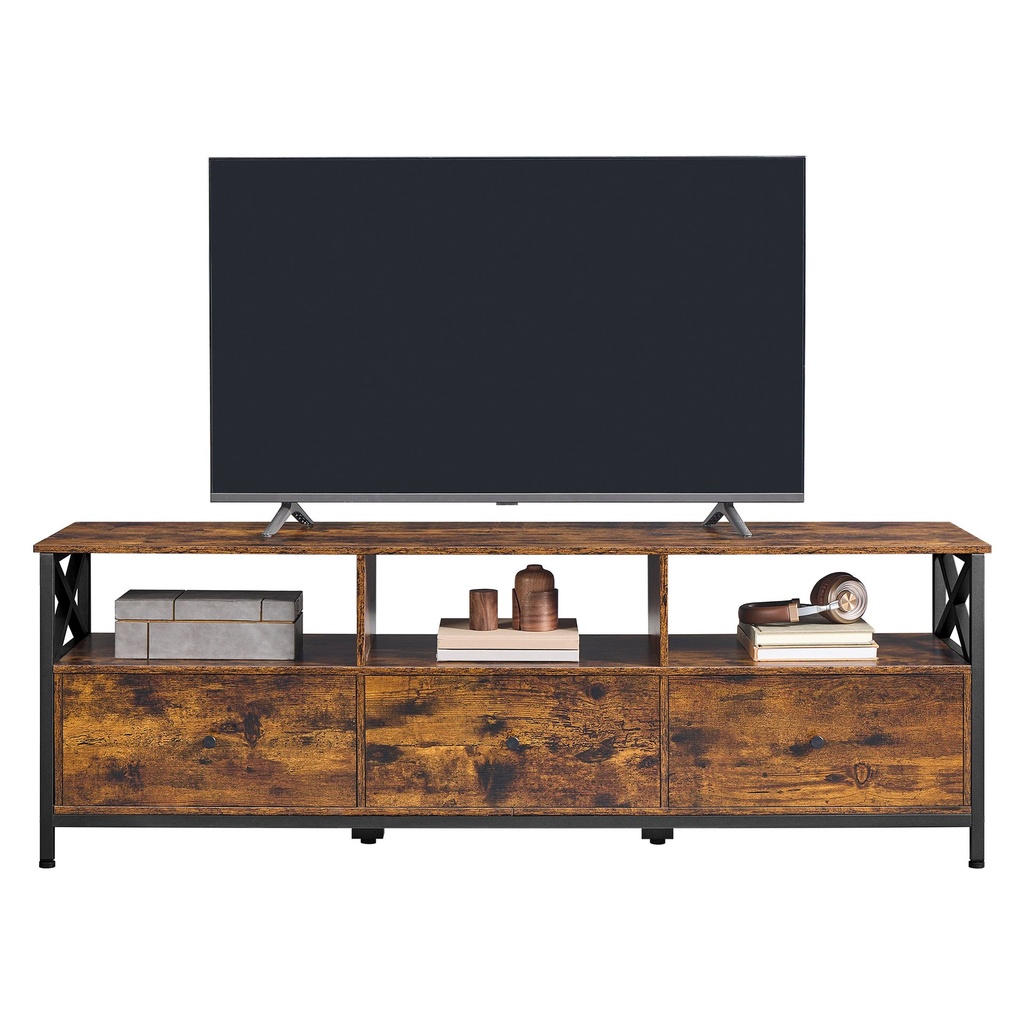 [LTV304KD01] Meuble TV pour Télévision jusqu'à 65 Pouces, Support Télé, 3 Tiroirs en Tissu, 3 Étagères, 147 x 40 x 50 cm, Salon, Chambre, Cadre en Acier, Marron Rustique et Noir