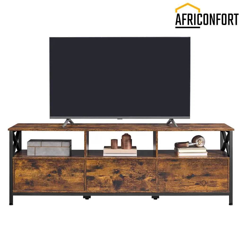Meuble TV pour Télévision jusqu'à 65 Pouces, Support Télé, 3 Tiroirs en Tissu, 3 Étagères, 147 x 40 x 50 cm, Salon, Chambre, Cadre en Acier, Marron Rustique et Noir