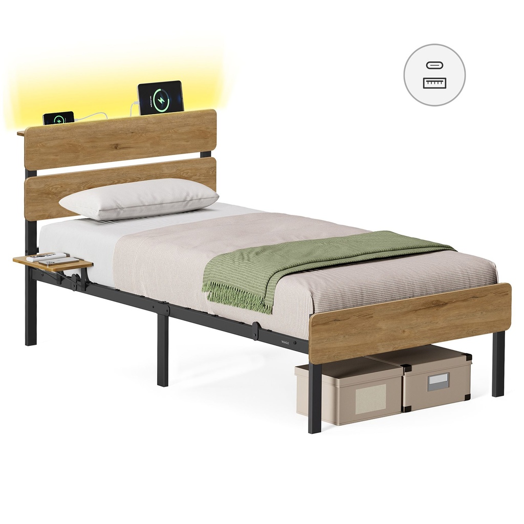 [RMB101K01V1] Cadre de Lit 90 x 190 avec Sommier Métal, Lit 1 Personne, Éclairage LED, Port USB et TYPE-C, Espace de Rangement sous Le Lit, Style Industriel, Montage Facile, Marron Naturel