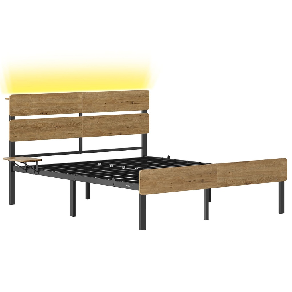 [RMB103K01V1] Cadre de Lit 140 x 190 avec Sommier Métal, Lit 2 Personnes, Éclairage LED, Port USB et TYPE-C, Espace de Rangement sous Le Lit, Style Industriel, Montage Facile, Marron Naturel