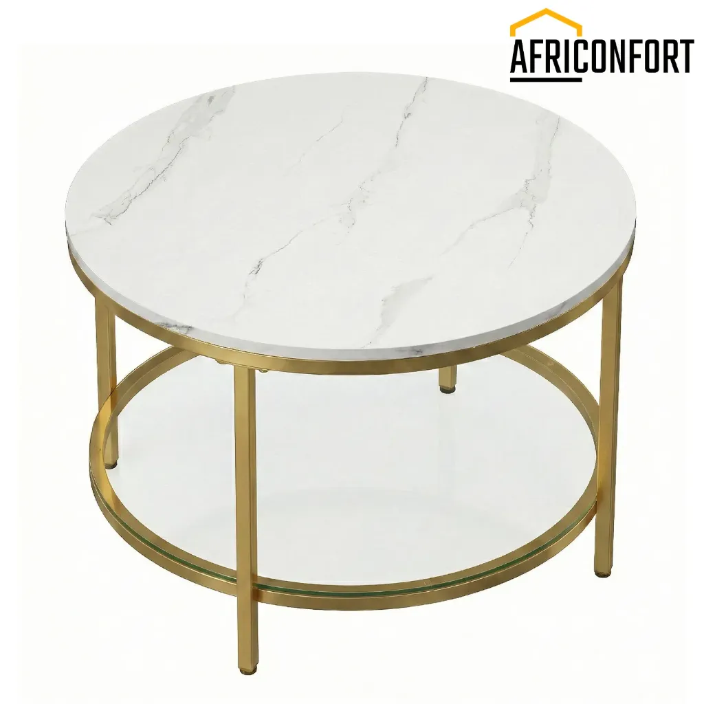 Table Basse, Table de Salon, Table Canapé Apéro, Façon Marbre, Support en Verre Trempé, Facile à Assembler, pour Salon, Style Moderne, Blanc Marbré et Doré Clair