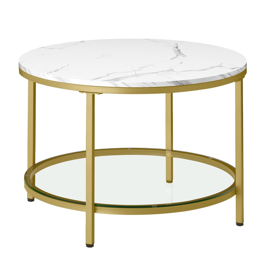 [LCT072W59] Table Basse, Table de Salon, Table Canapé Apéro, Façon Marbre, Support en Verre Trempé, Facile à Assembler, pour Salon, Style Moderne, Blanc Marbré et Doré Clair