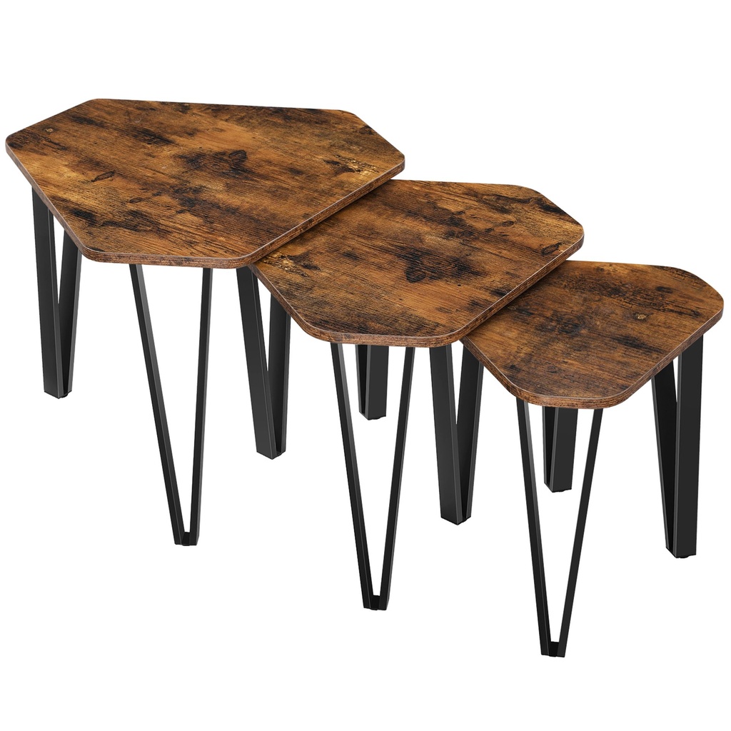 Petite Tables d'appoint gigognes, Lot de 3, Bouts de canapé pour Salon, empilable, Robuste, Assemblage Facile, Structure en Acier, Style Industriel, Marron Rustique et Noir: 52x59x46cm (PxLxH)