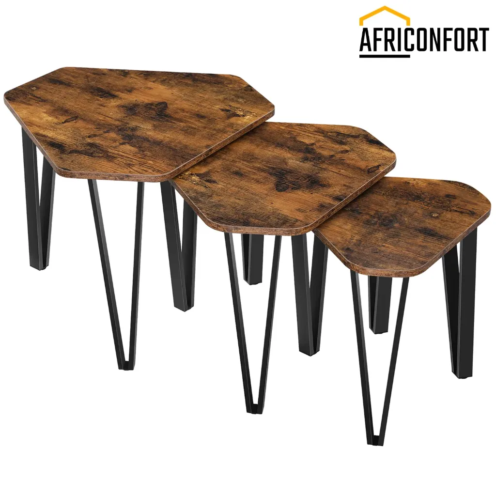 Petite Tables d'appoint gigognes, Lot de 3, Bouts de canapé pour Salon, empilable, Robuste, Assemblage Facile, Structure en Acier, Style Industriel, Marron Rustique et Noir