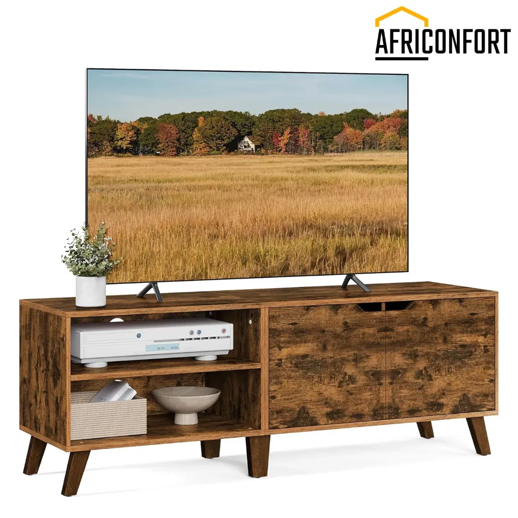 Meuble TV 2 Portes, Support Télé avec Étagères Réglables, Longueur 140 cm, pour Télévisions 60 Pouces, Salon, Salle à Manger, Chambre, Marron Rustique
