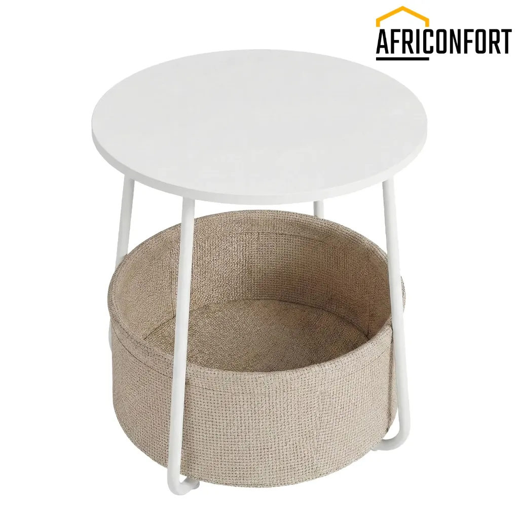 Petite Table Basse Ronde, Table d’Appoint avec Panier en Tissu, Rangement, pour Salon, Chambre, Style Moderne, Blanc Mat et Marron Camel