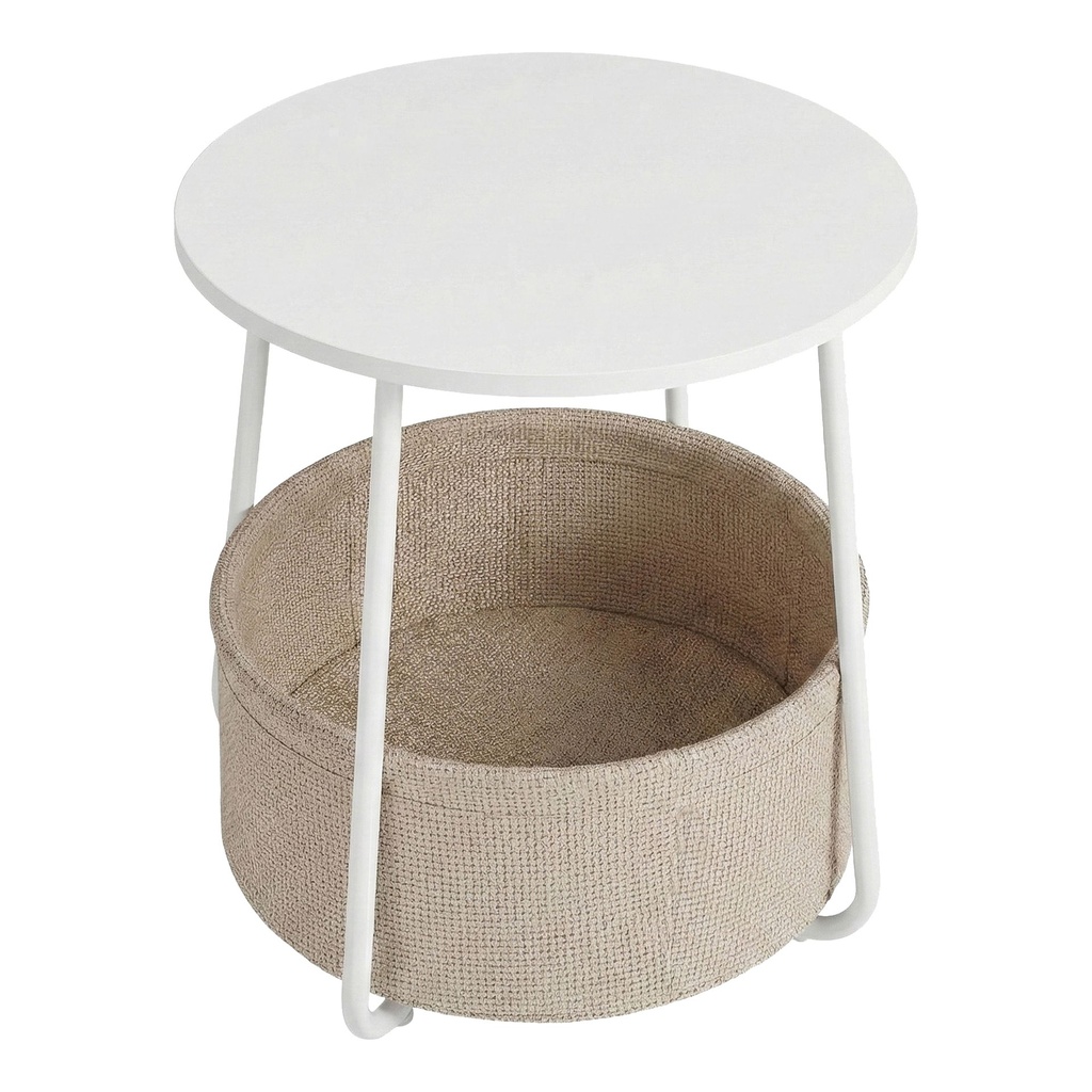 [LET223W10] Petite Table Basse Ronde, Table d’Appoint avec Panier en Tissu, Rangement, pour Salon, Chambre, Style Moderne, Blanc Mat et Marron Camel