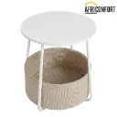Petite Table Basse Ronde, Table d’Appoint avec Panier en Tissu, Rangement, pour Salon, Chambre, Style Moderne, Blanc Mat et Marron Camel