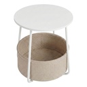Petite Table Basse Ronde, Table d’Appoint avec Panier en Tissu, Rangement, pour Salon, Chambre, Style Moderne, Blanc Mat et Marron Camel