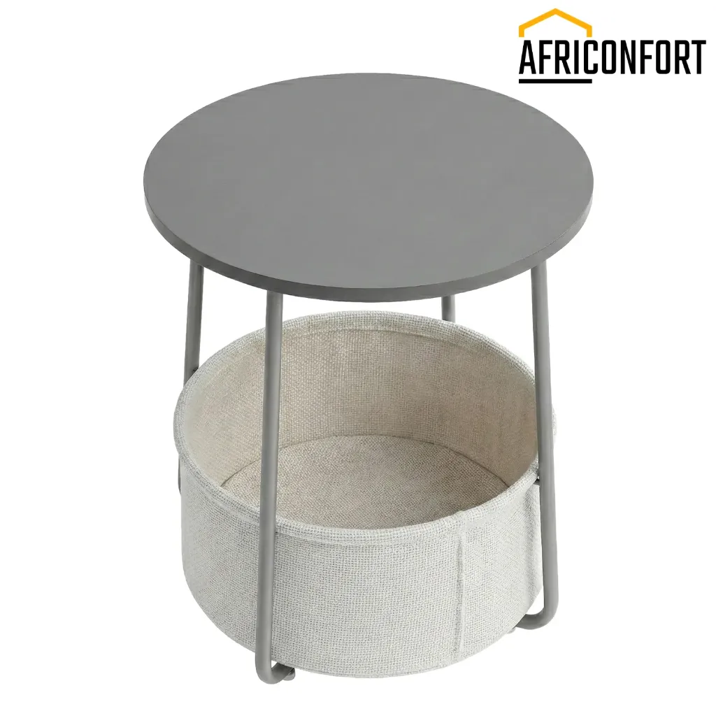 Petite Table Basse Ronde, Table d’Appoint avec Panier en Tissu, Rangement, pour Salon, Chambre, Style Moderne, Gris Ciment et Blanc Crème