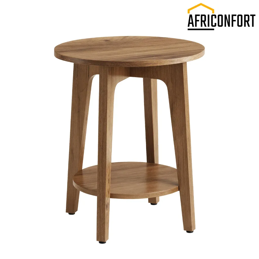 Table d'appoint, table de canapé, petite table ronde pour salon, table de chevet pour petits espaces, avec étagère inférieure, style moderne, marron miel