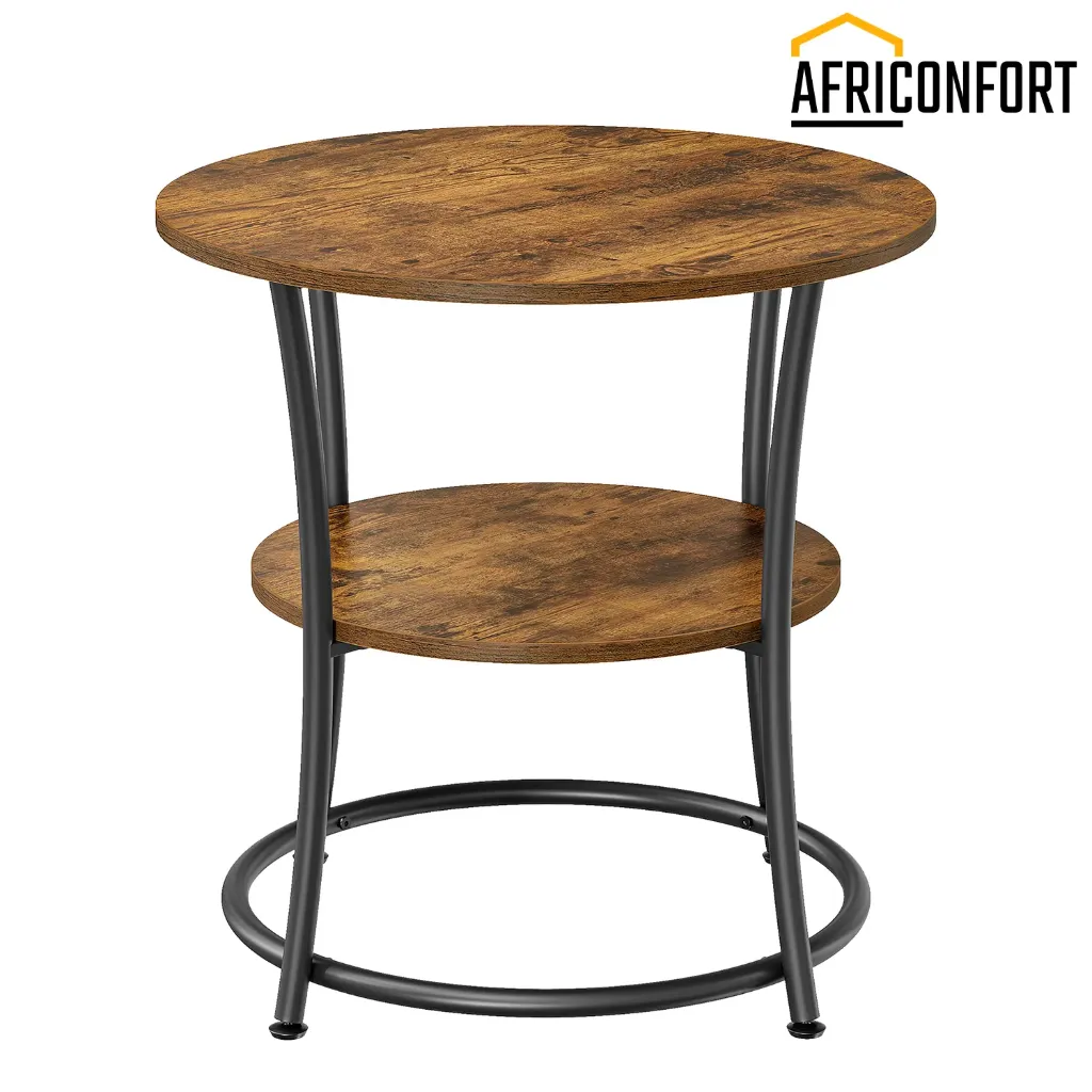 Table d'Appoint Ronde, Bout de Canapé, Table de Chevet, 2 Niveaux, pour Salon, Chambre, Montage Facile, Cadre en Acier, Style Industriel, Marron Rustique et Noir