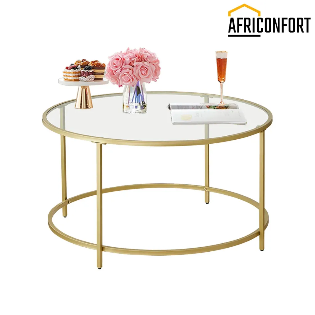 Table Basse Salon, Meuble de Salon en Verre, Cadre en Aer, Table Basse Ronde, Table de Salon, Doré