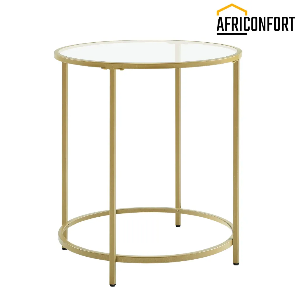Table d'Appoint Ronde, Dessus en Verre Trempé, Cadre en Métal, Bout de Canapé, Table Console, Table de Chevet, pour Salon, Balcon, Doré et Transparent