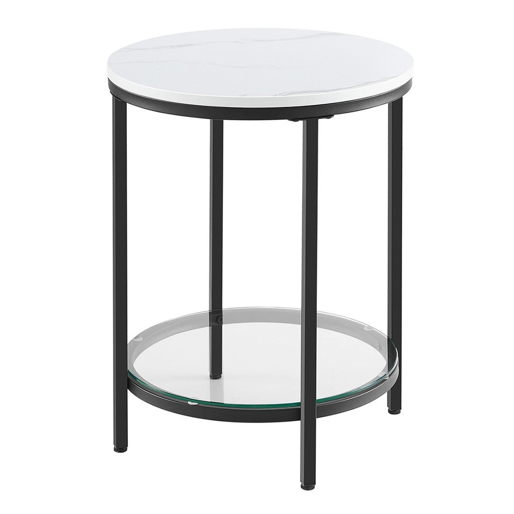 [LET285B13] Table d’Appoint, Petite Table Ronde à 2 Niveaux, Table de Nuit, en Panneau d’Aggloméré et Verre, pour Salon, Chambre, Bureau, Petit Espace, Style Moderne, Blanc Marbré et Noir