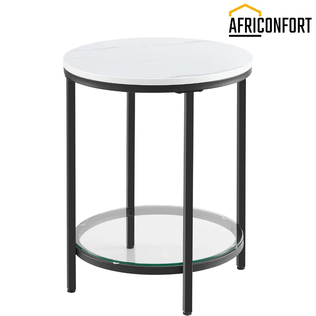 Table d’Appoint, Petite Table Ronde à 2 Niveaux, Table de Nuit, en Panneau d’Aggloméré et Verre, pour Salon, Chambre, Bureau, Petit Espace, Style Moderne, Blanc Marbré et Noir