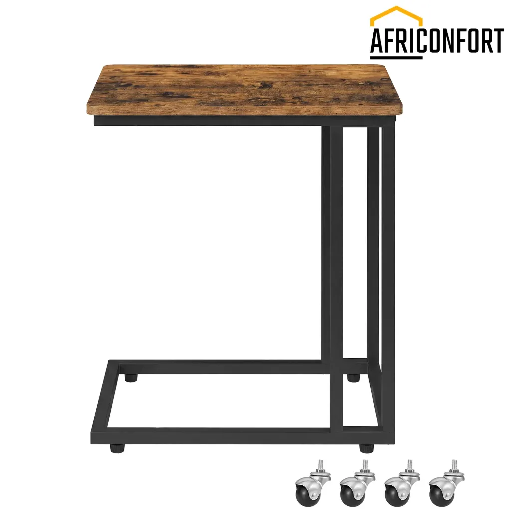 Table d’Appoint, Bout de Canapé, Table Mobile, avec Cadre en Acier et Roulettes, Montage Facile, Style Industriel, pour Salon, Chambre, Balcon, Marron Rustique et Noir