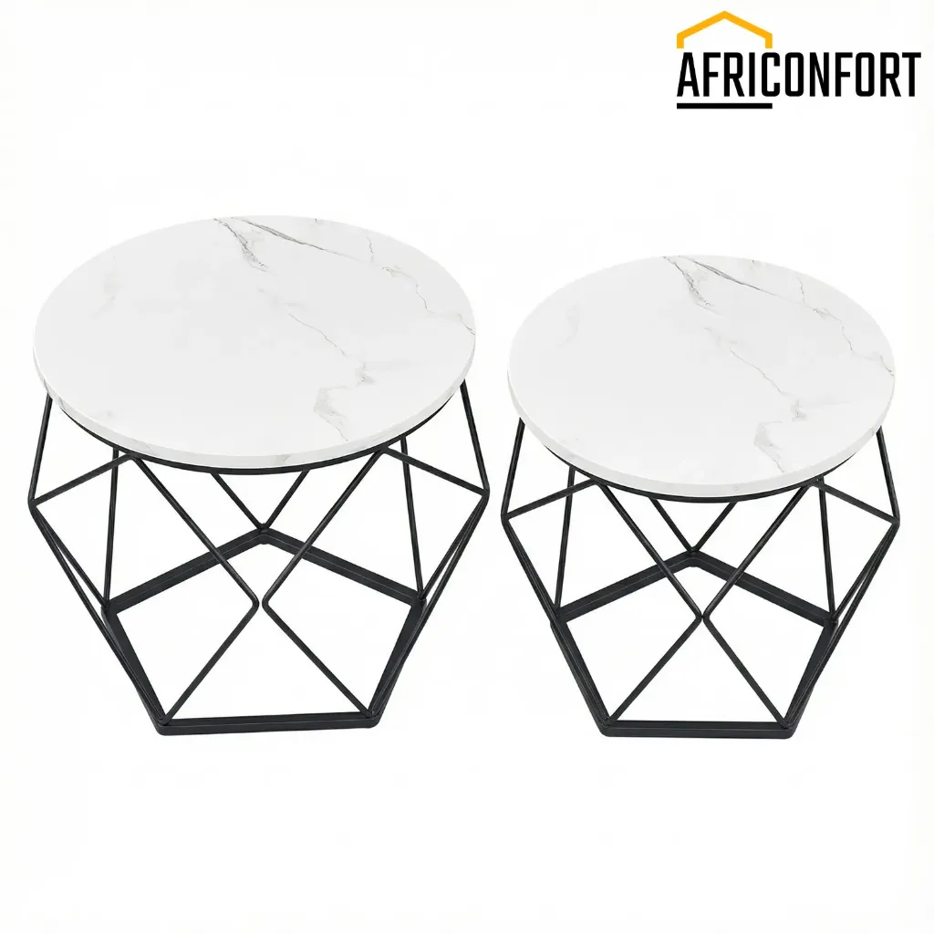 Table Basse Ronde, Lot de 2, Table d'appoint, Bout de Canapé, Style Moderne, Plateau Amovible, Cadre en Acier, pour Salon, Blanc et Noir