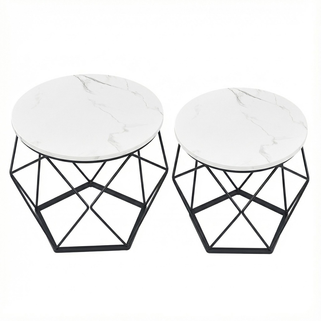 Table Basse Ronde, Lot de 2, Table d'appoint, Bout de Canapé, Style Moderne, Plateau Amovible, Cadre en Acier, pour Salon, Blanc et Noir: 50 x 40 cm (Ø x H) et  40 x 36 cm (Ø x H)
