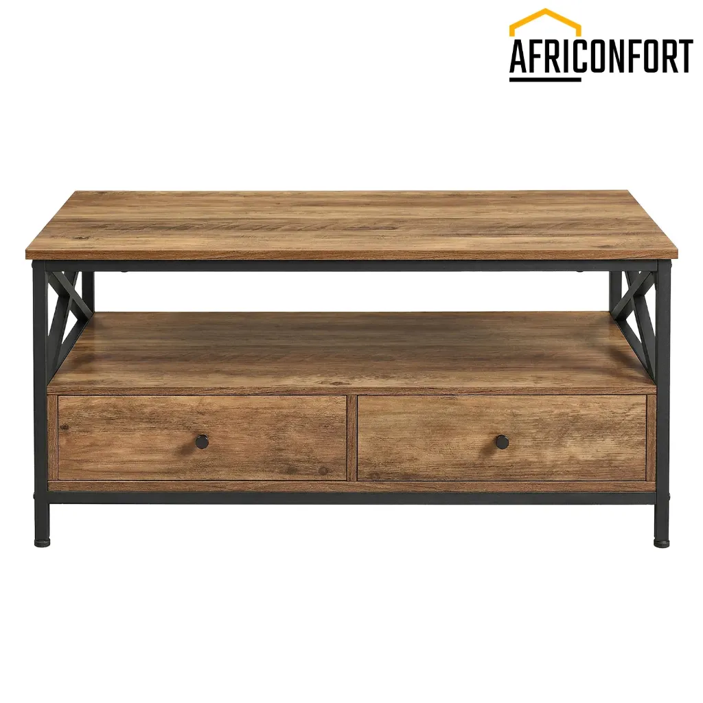 Table Basse, Table de Salon, avec 2 tiroirs et étagère de Rangement Ouverte, Cadre en Acier en Forme de X, 100 x 55 x 45 cm, Style Industriel, Noyer Rustique et Noir