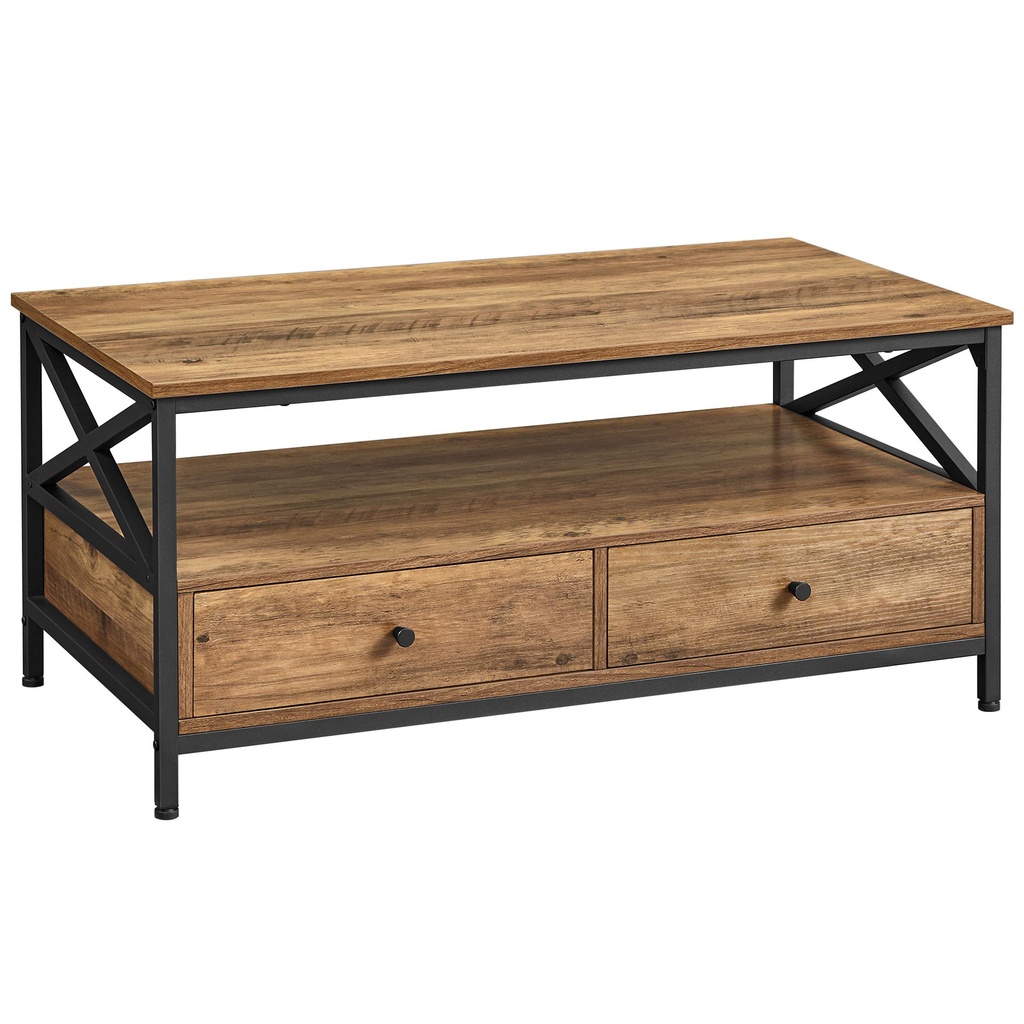 [LCT201B41V1] Table Basse, Table de Salon, avec 2 tiroirs et étagère de Rangement Ouverte, Cadre en Acier en Forme de X, Style Industriel, Noyer Rustique et Noir: 100 x 55 x 45 cm