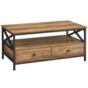 Table Basse, Table de Salon, avec 2 tiroirs et étagère de Rangement Ouverte, Cadre en Acier en Forme de X, Style Industriel, Noyer Rustique et Noir: 100 x 55 x 45 cm