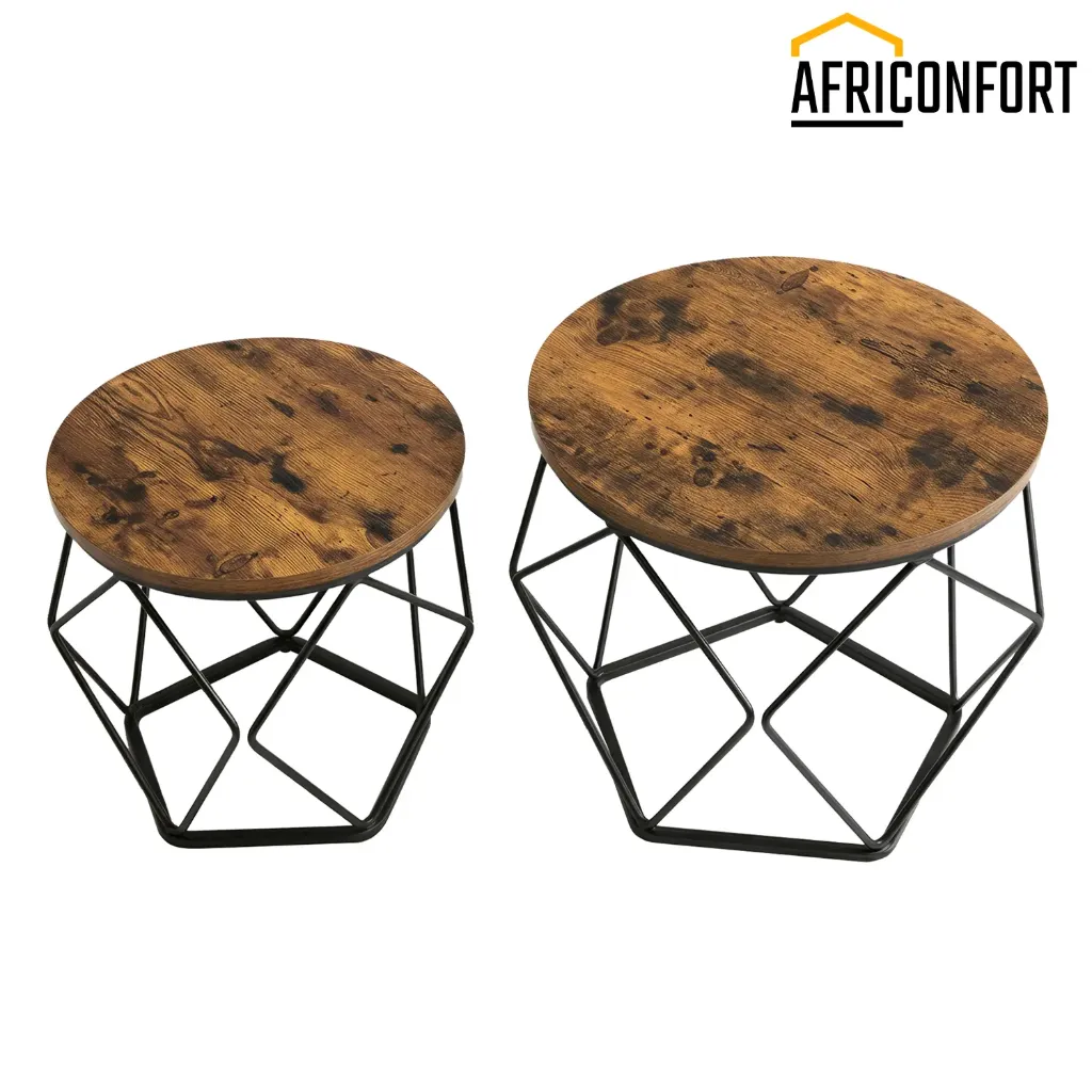 Table Basse Ronde, Lot de 2, Table d’Appoint, Bout de Canapé, Style Moderne, Plateau Amovible, Cadre en Acier, pour Salon, Marron Rustique et Noir