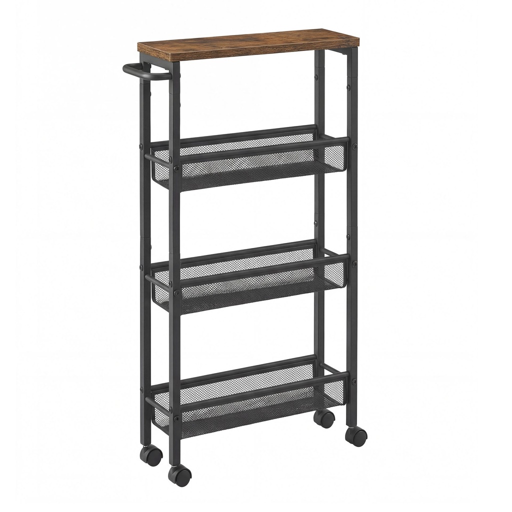 [LRC032B01V2] Chariot de service, Étagère de rangement, mobile, fine, roulettes pivotantes à 360°, cadre en métal, pour cuisine, salon, bureau, Marron Rustique et Noir: 42x13x77cm(LxlxH)