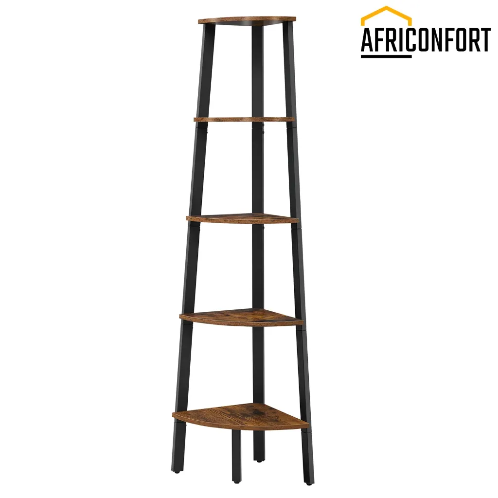 Étagère d'angle, Bibliothèque 5 Niveaux, Étagère Échelle, Meuble de Rangement, Porte-Plante pour Salon, Style Industriel, avec Cadre en Acier, Marron Rustique et Noir