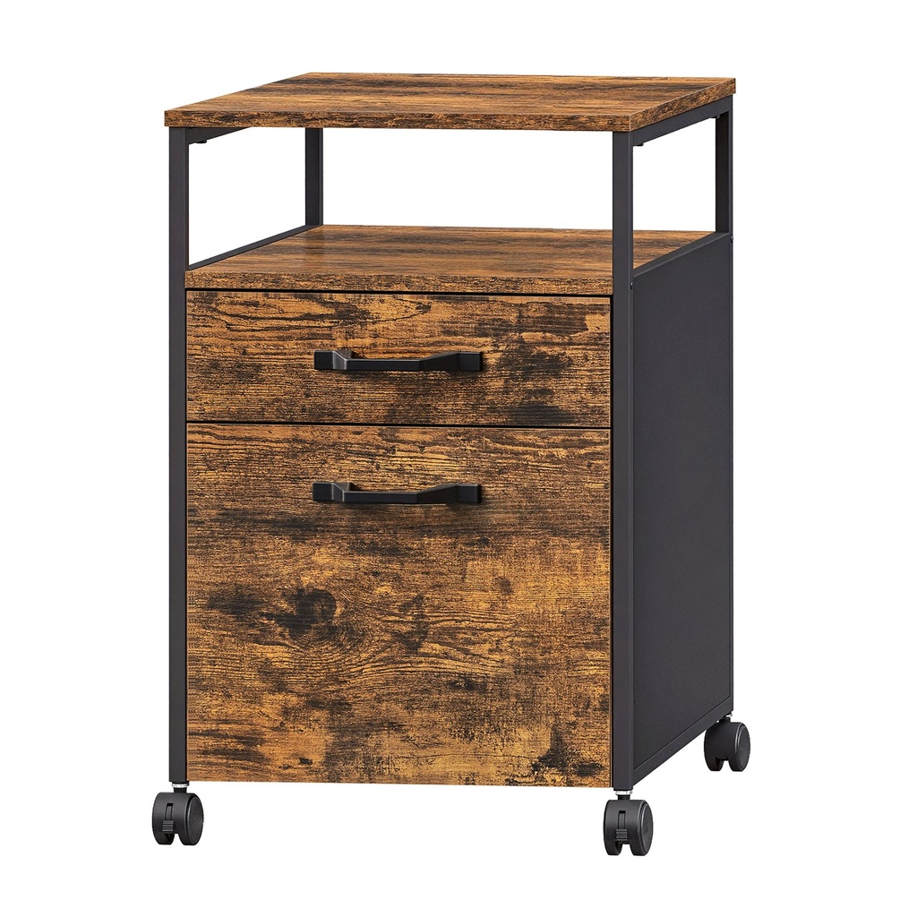 [OFC071KD02] Caisson de Bureau à 2 Tiroirs, Rangement Document à roulettes, Mobile, Compartiment Ouvert, Cadre en Acier, Style Industriel, Marron Rustique et Noir d'encre: 44x42x67cm