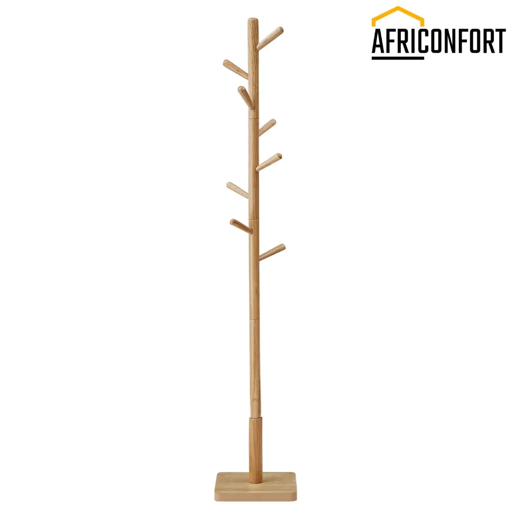 Portemanteau, Portant à Vêtements en Bois, Support sur Pieds avec 8 Crochets, 3 Hauteurs, pour Manteaux, Chapeaux, Sacs, pour Entrée, Couloir, Bois d'Hévéa, Beige Naturel RCR010N01