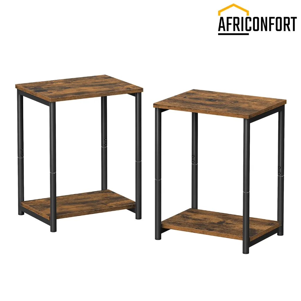 Petites tables d'appoint, lot de 2 Tables de chevet, Tables basses, Bout de canapé, avec étagère, cadre acier, pour salon, chambre, style industriel, Marron Rustique et Noir