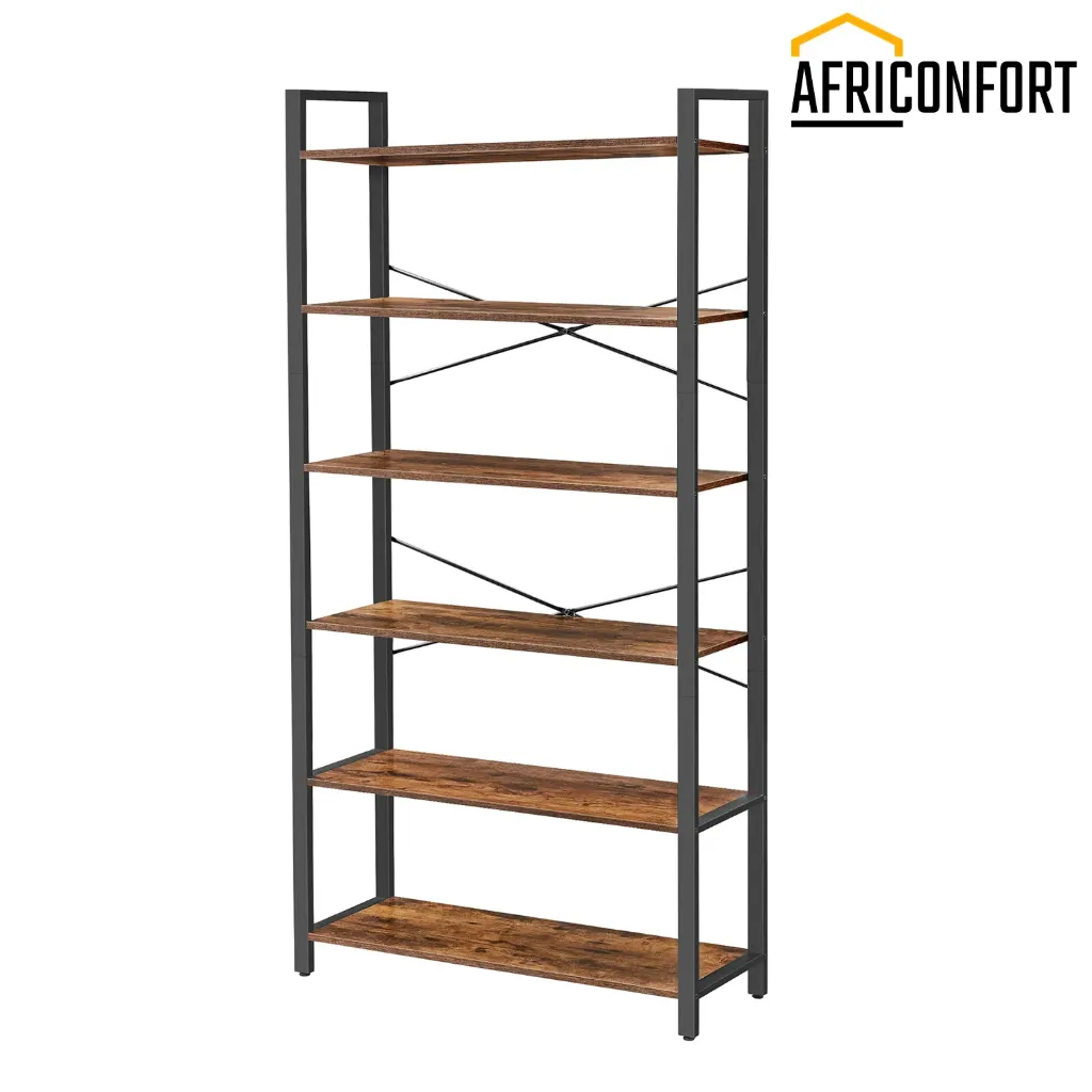 Étagère 6 Niveaux, Bibliothèque, Meuble de Rangement, pour Bureau, Salon, Chambre, 30 x 80 x 186 cm, Style Industriel, Marron Rustique et Noir d'Encre