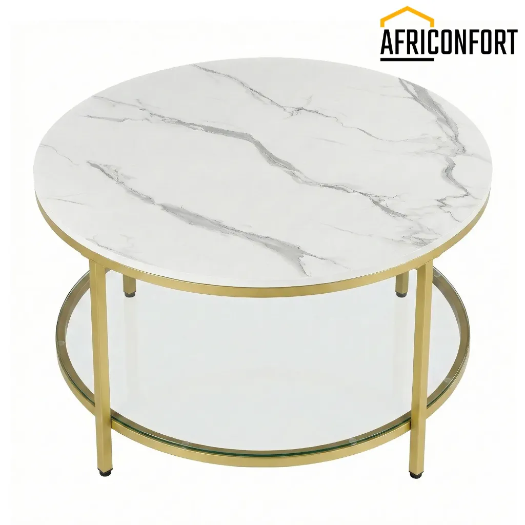 Table Basse, Table de Salon, Table Canapé Apéro, Façon Marbre, Support en Verre Trempé, Facile à Assembler, pour Salon, Style Moderne, Blanc Marbré et Doré Métallique