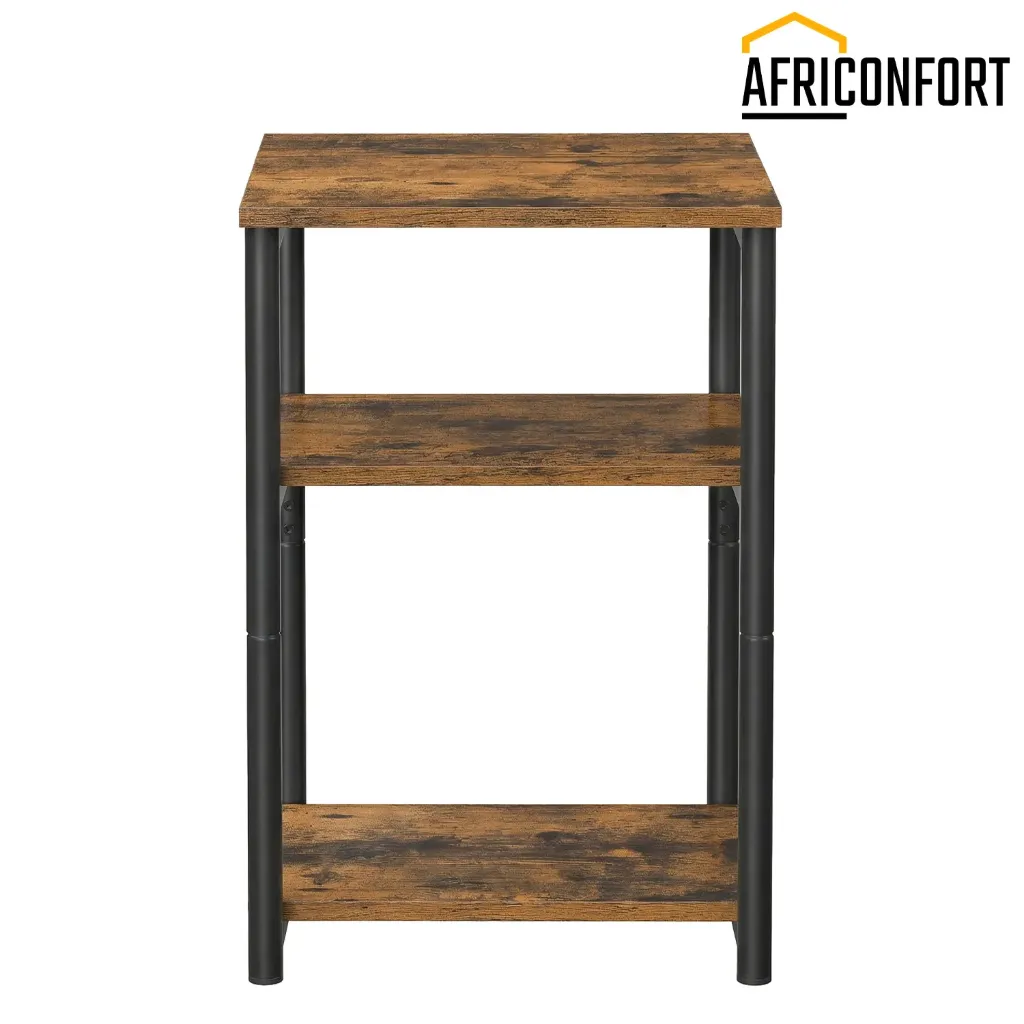 Petite Table d'appoint, Table de chevet, Table de nuit avec 2 étagères de rangement, Tour avec cadre en acier, pour salon, chambre, style industriel, Marron Rustique et Noir
