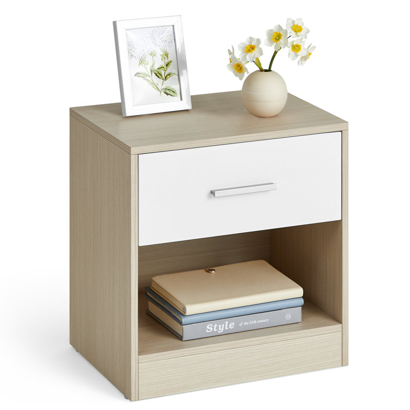 [LET619T67] Table de Nuit, Table d’Appoint, avec Tiroir, Poignée, Compartiment Ouvert, Table Basse, pour Chambre, Salon, Beige Naturel et Blanc Classique: 28 x  39 x 41 cm