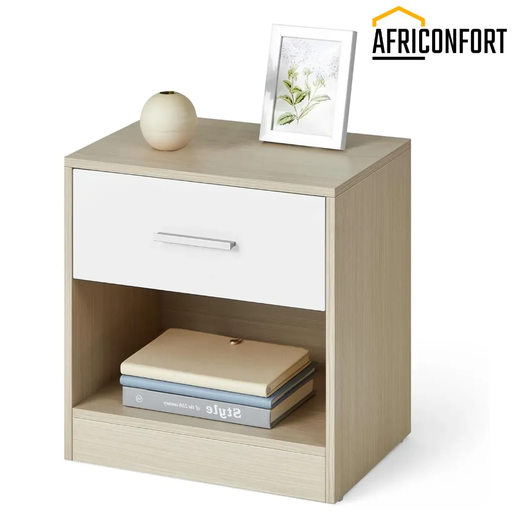 Table de Nuit, Table d’Appoint, avec Tiroir, Poignée, Compartiment Ouvert, Table Basse, pour Chambre, Salon, Beige Naturel et Blanc Classique