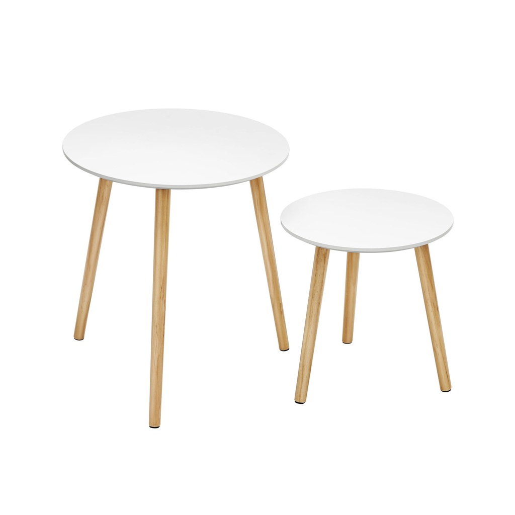[LET07WN] Table Basse Ronde, Table de Salon Moderne Minimaliste, Lot de 2, Table d'Appoint, avec Pieds en Bois de Pin, Style Scandinave, pour Salon, Balcon, Blanc et Couleur Boisée:  45x50x35 cm