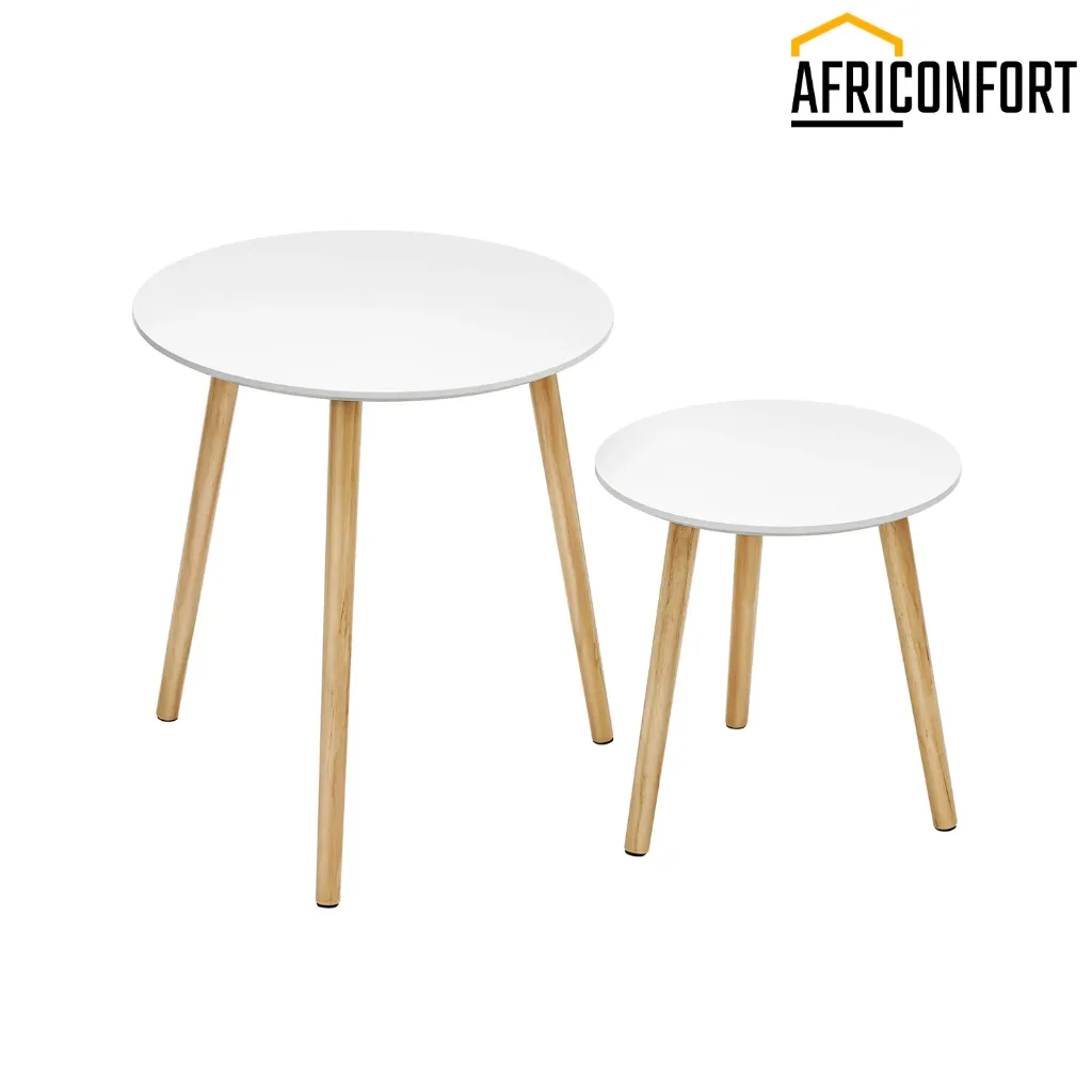Table Basse Ronde, Table de Salon Moderne Minimaliste, Lot de 2, Table d'Appoint, avec Pieds en Bois de Pin, Style Scandinave, pour Salon, Balcon, Blanc et Couleur Boisée