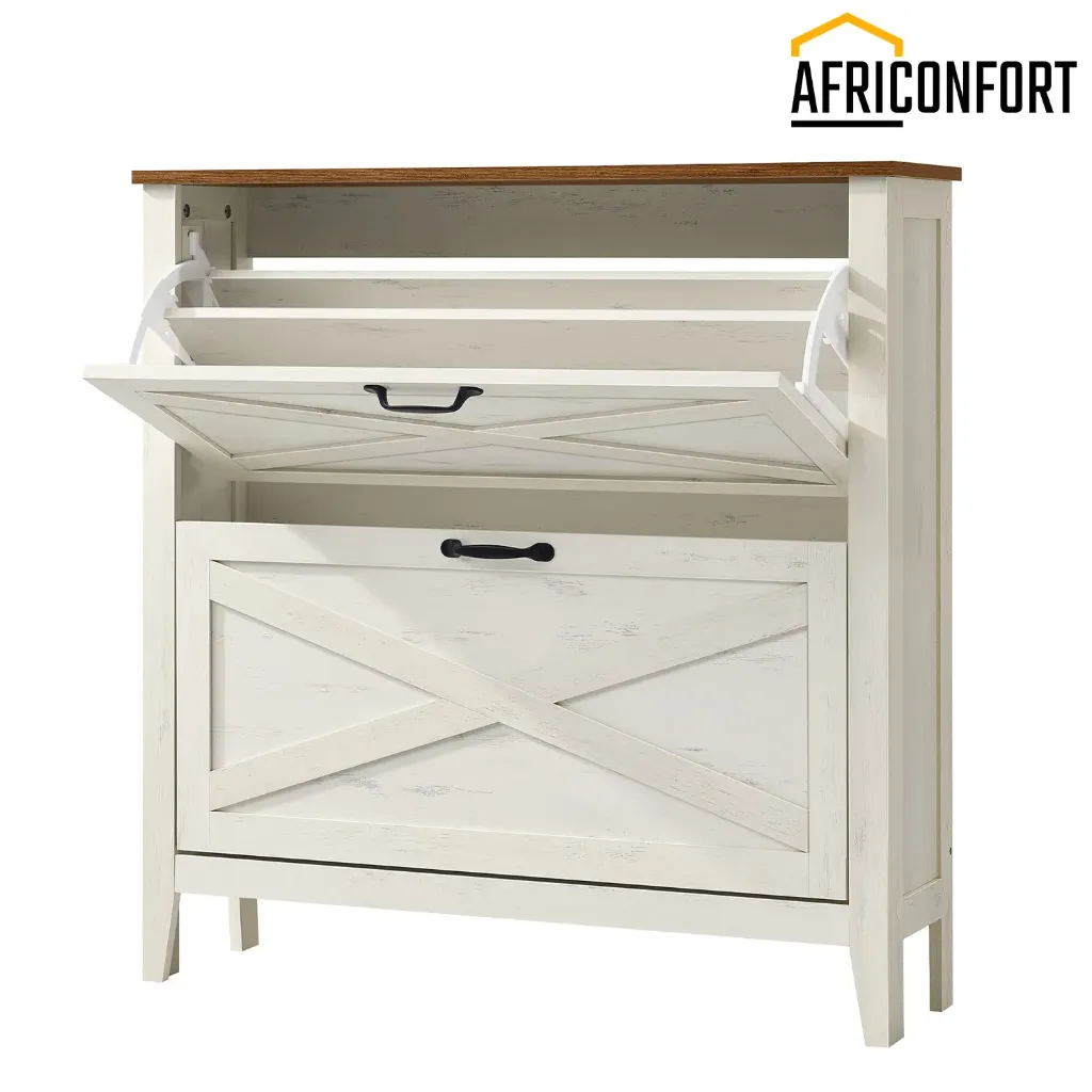 Meuble de rangement à chaussures avec 2 tiroirs rabattables, étagère à chaussures étroite autoportante pour entrée, style campagnard, peut contenir de 12 à 16 paires, blanc rustique
