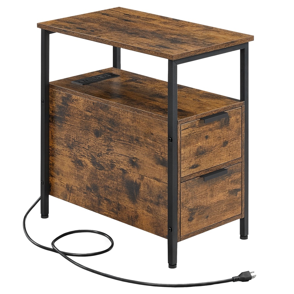 [LET321B01] Table d'appoint avec station de charge, table de chevet étroite à 2 tiroirs, table de nuit fine avec rangement, idéale pour les petits espaces, marron: 60 x 35 x 61 cm