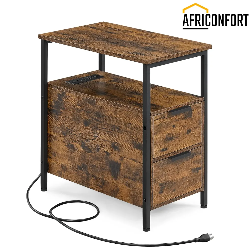 [LET321B01] Table d'appoint avec station de charge, table de chevet étroite à 2 tiroirs, table de nuit fine avec rangement, idéale pour les petits espaces, marron