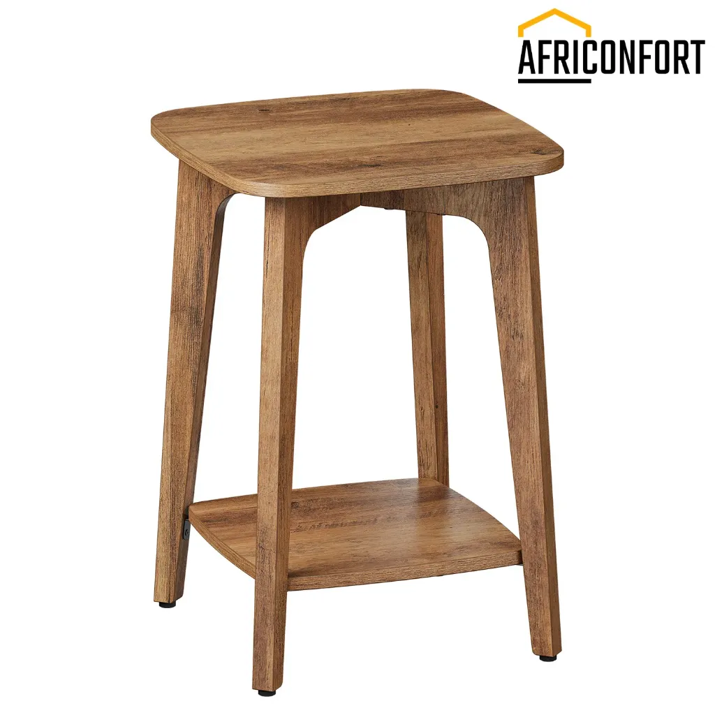 [LET236K01] Table d'appoint carrée à 2 niveaux, petite table de chevet avec pieds fuselés et lignes courbes, idéale pour les petits espaces, salon ou chambre, couleur miel